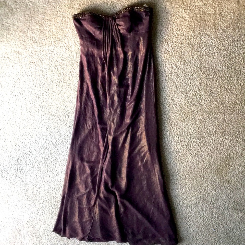 Gold dusted long brown David’s bridal dress